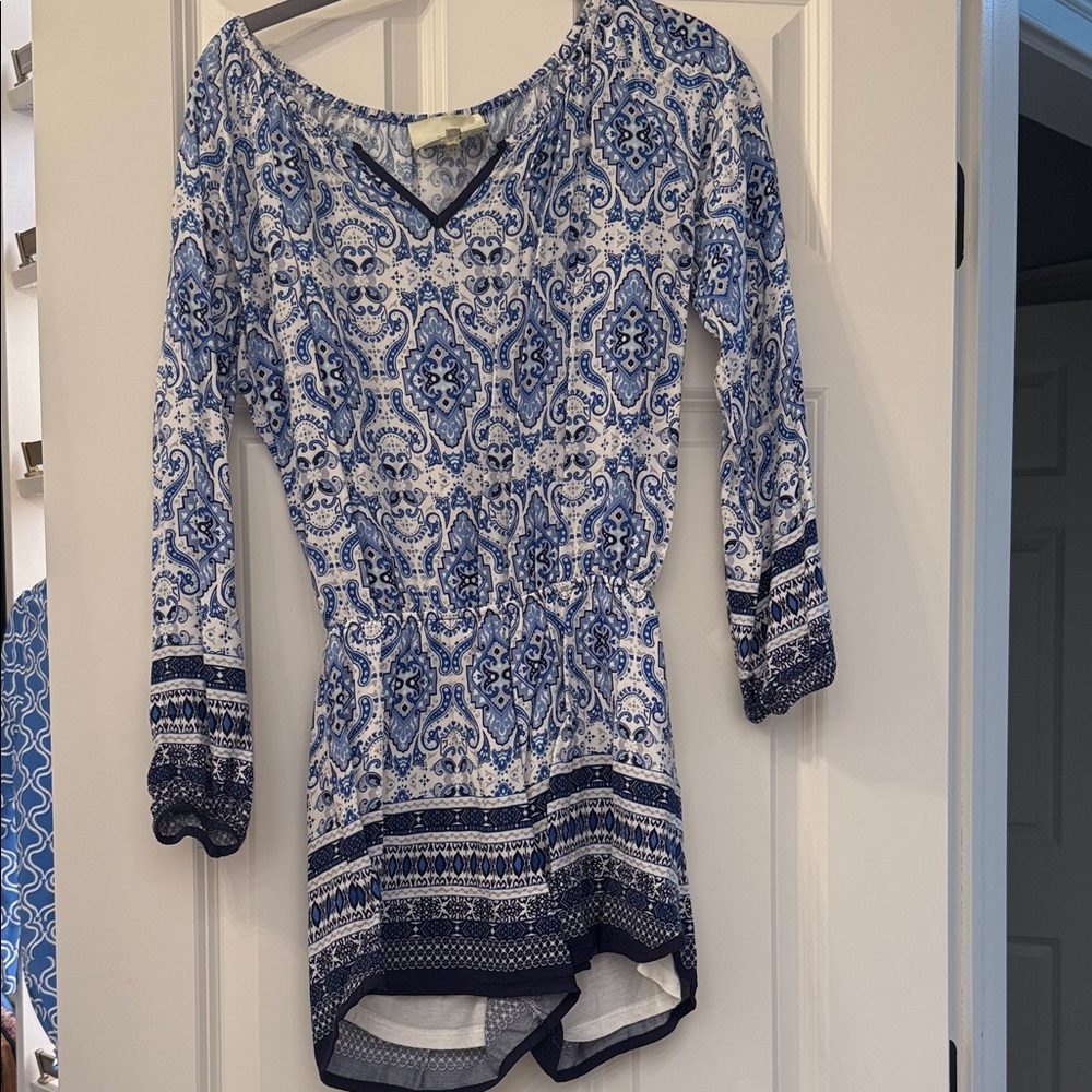 Anthropologie/ Elevenses Blue and White Patterned Jumpsuit